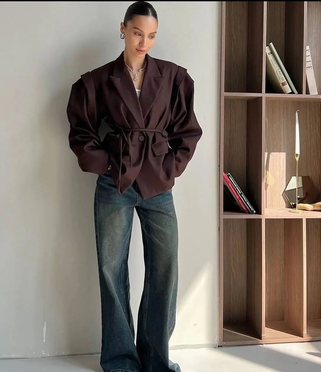 Trendy Lace-up Waist Cinching Blazer Woman Casual V-neck Solid Office Outerwear 2025 Autumn New Commute Long Sleeve Short Coats