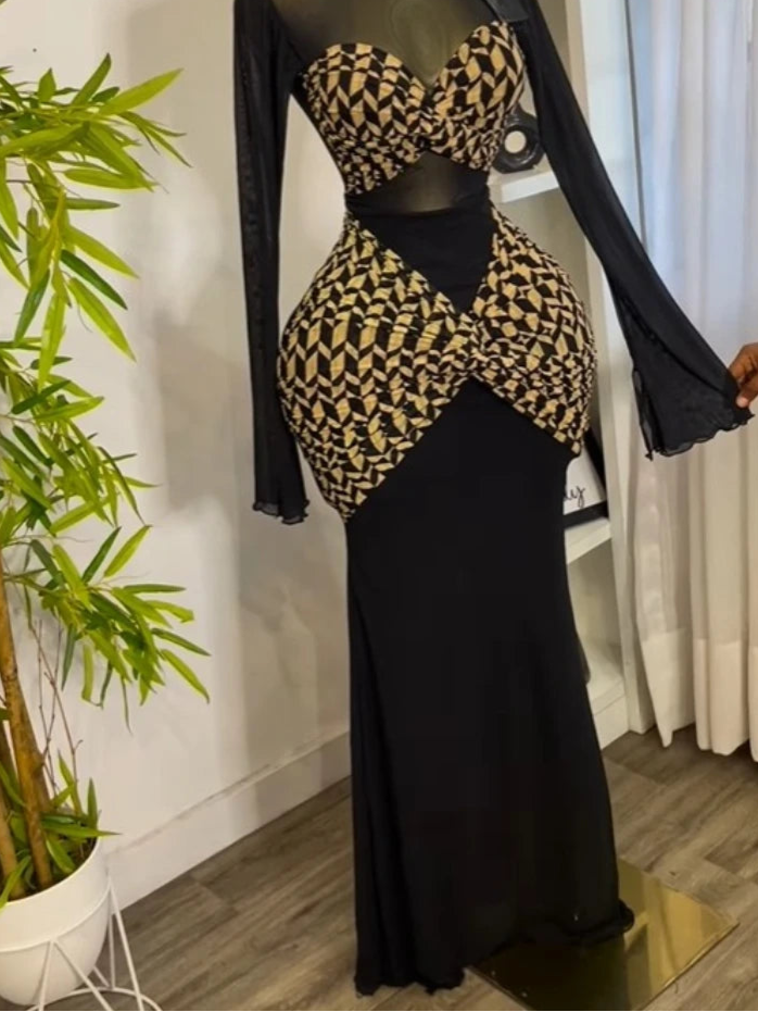 Women Houndstooth Printed Long Sleeve Draped Ruched Bodycon Mini Dress