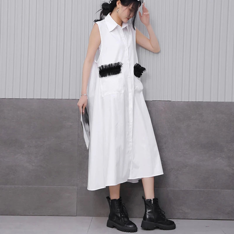 Front Pocket New 2025 Summer Korean Style Woman Black Sleeveless Shirt Dress Loose Fit Chic Holiday Casual Big Size Robe JKXD003