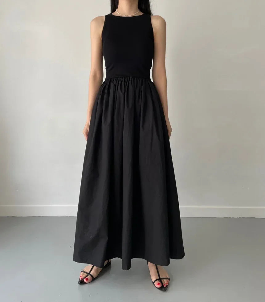 Simple Elegant Long Black Dresses For Woman Round Neck Sleeveless Low Waist