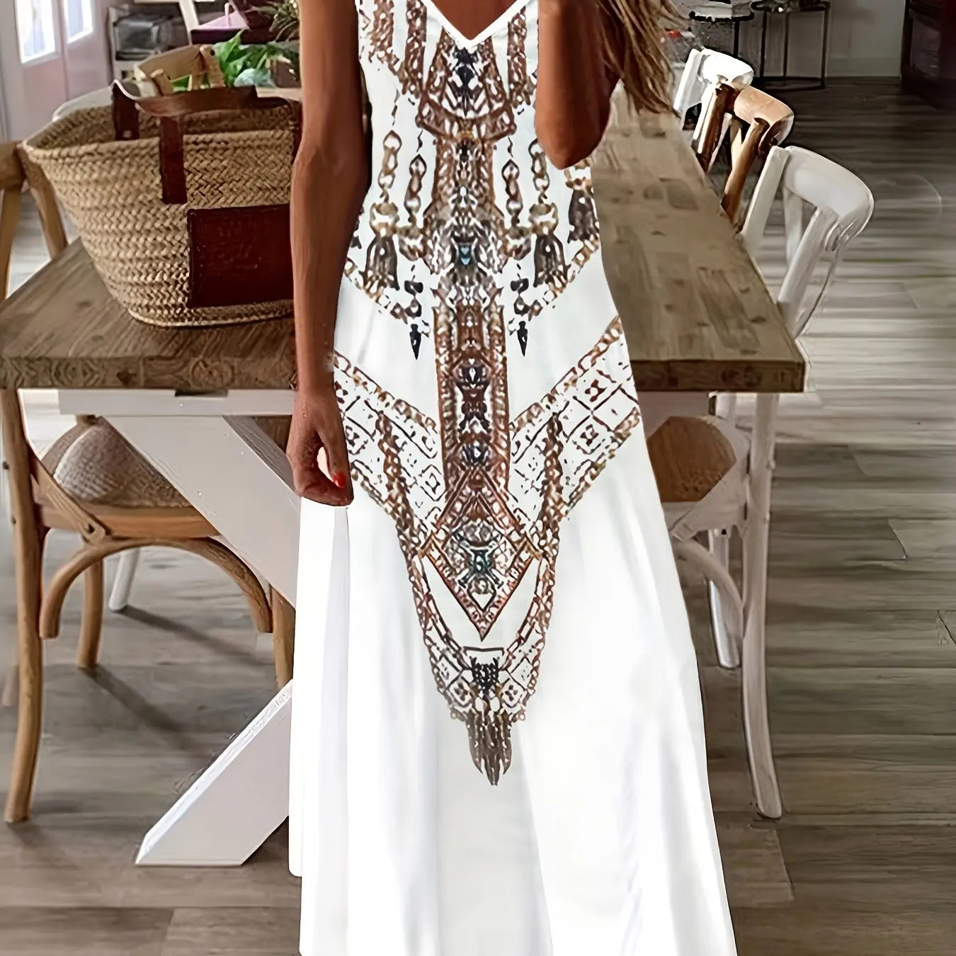 Blue Tribal Pattern Print Beach Vacation Casual Suspender Dress Fashionable Casual Sleeveless Loose Suspender Ankle Length Dress
