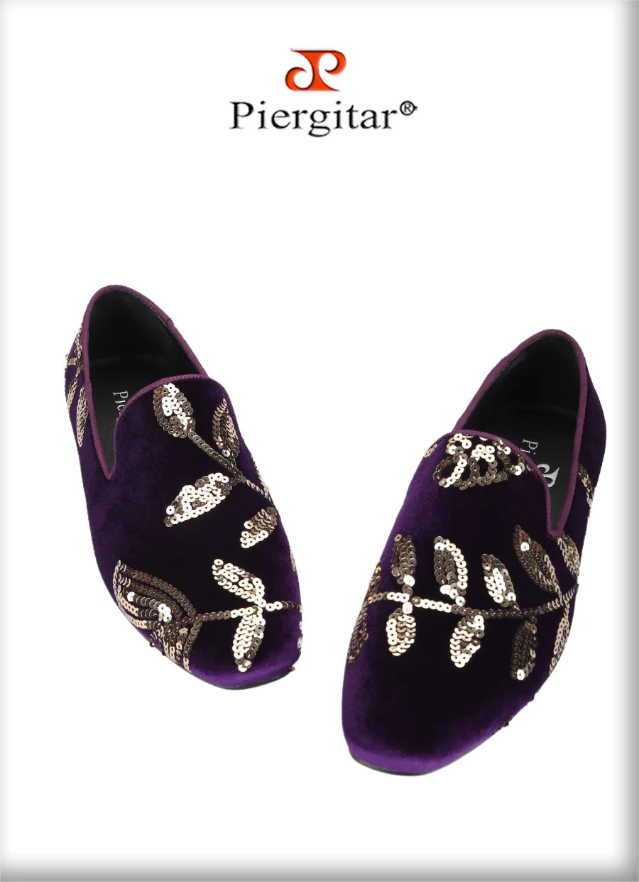 Piergitar Black And Dark Purple Velvet With Handmade Floral Sequin Men's Loafers CL Same Classic Red Outsole Slip-On Moccasins