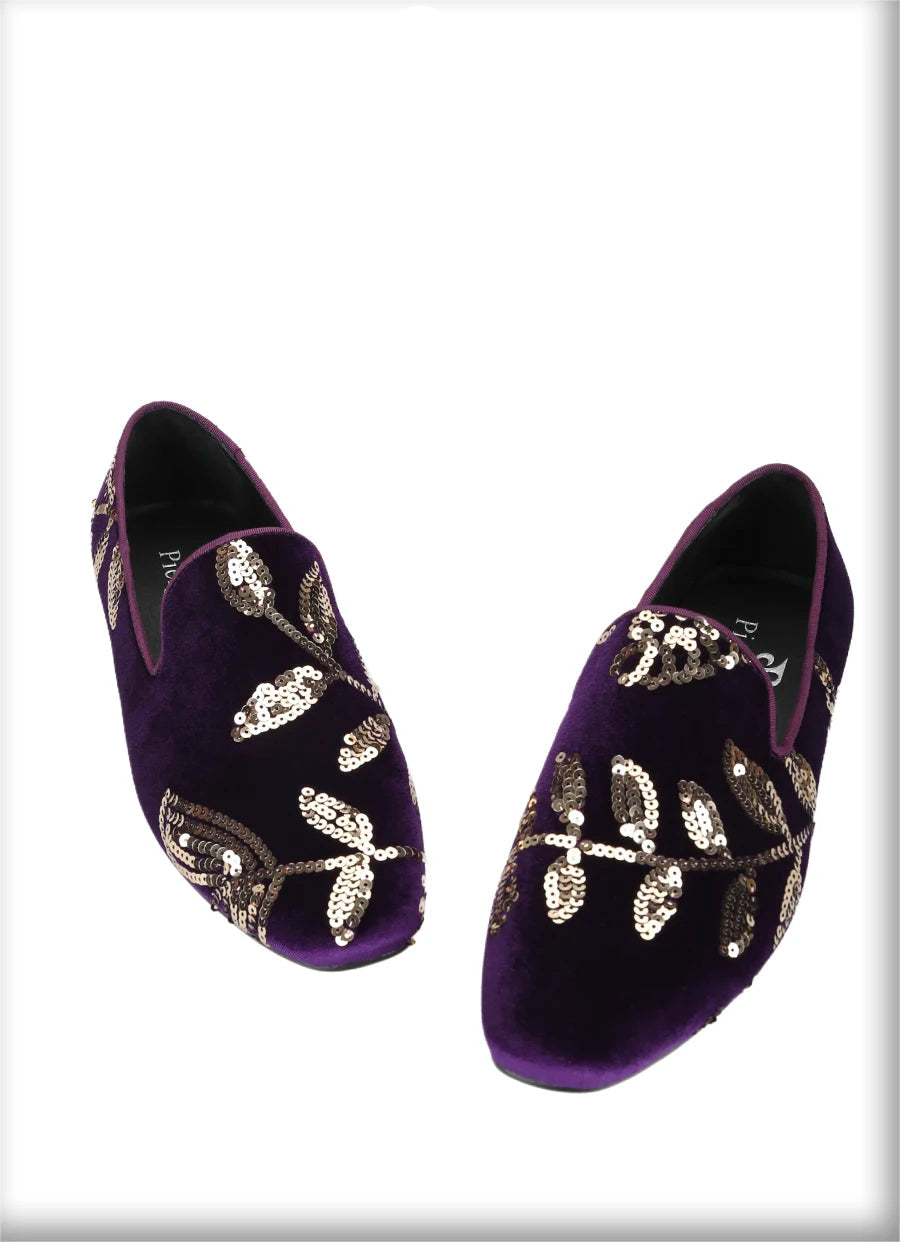 Black and Dark Purple Velvet with Handmade Floral Sequins Men's Loafers CL The Classic Red Outsole Moccasins