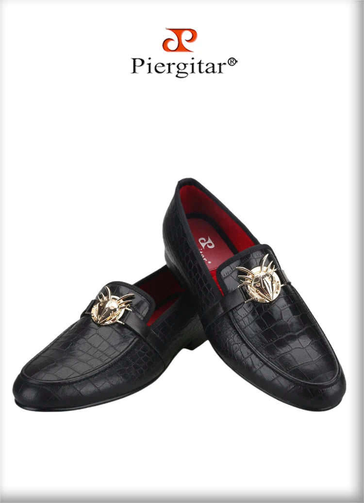 Piergitar Black Cow Leather Men Smoking Slippers Fashion Metal Buckle Handmade Slip-On Loafers For Wedding And Party Plus Size
