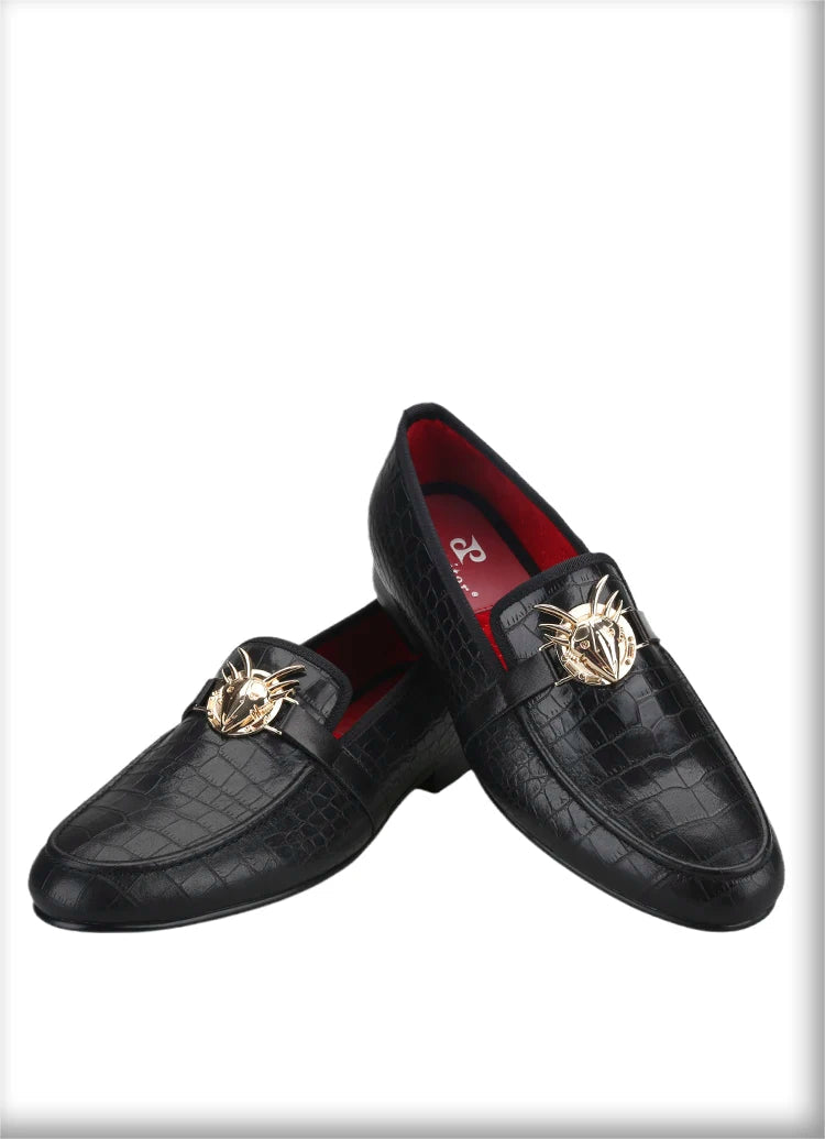 Black Cow Leather Men Smoking Loafers Fashion Metal Buckle Handmade Slide-On Loafers Wedding And Party Plus size
