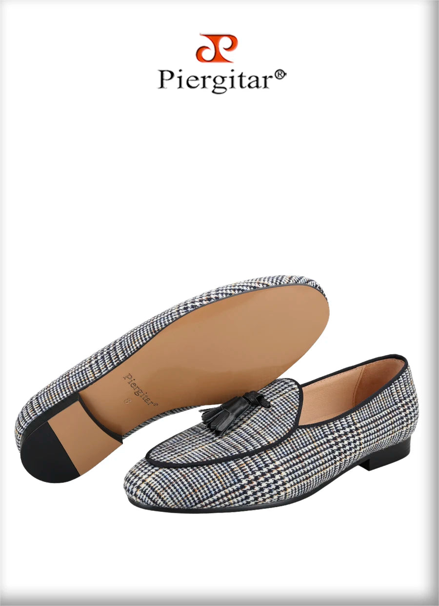 Piergitar Gray Color Gingham Cotton Men's Loafers With Leather Tassels Fashion Party Handmade Smoking Slippers Slip-On Flats