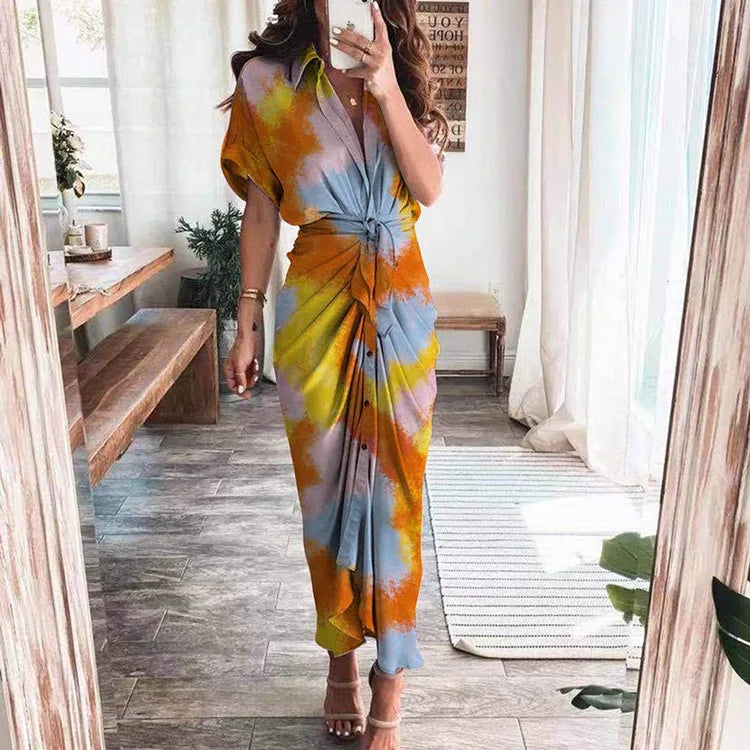 Women's Boho Print Turn-down Collar Dress