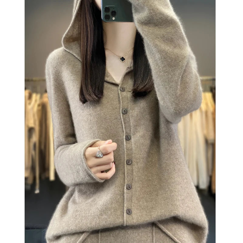 First Line 100% Merino Wool Knitted Cardigan Women's Autumn And Winter Hoodie Loose Sweater Fashionable Versatile Coat Top YC014