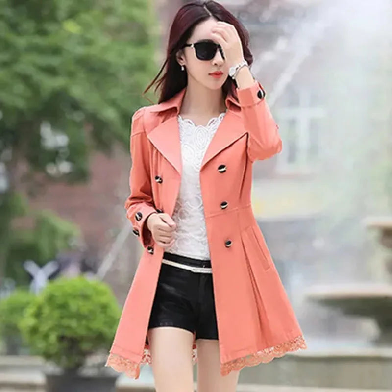2025Spring Autumn New Windbreaker Coat Women Fashion Slim Mid Long Lace Trench Coat Female Casual Double-breasted Outerwear Tops