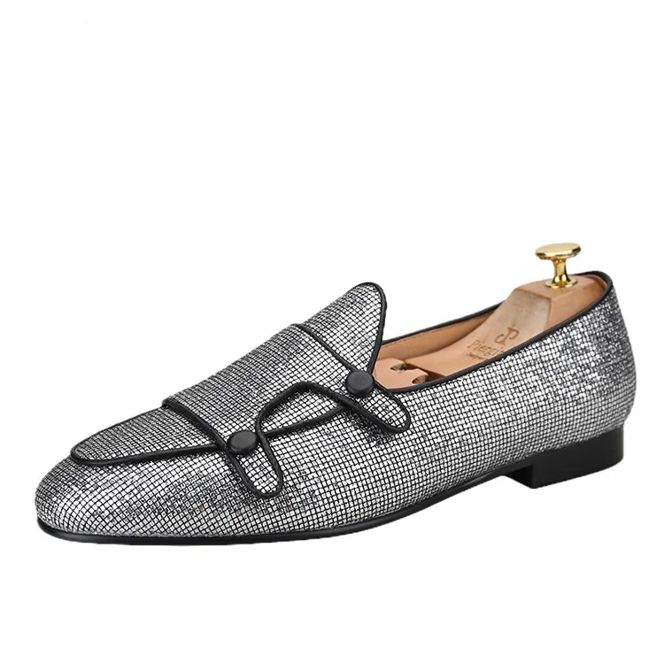 The New Style Square Glittering Silver Belgian Loafers with Double-Monk Moccs Handmade in GuangZhou
