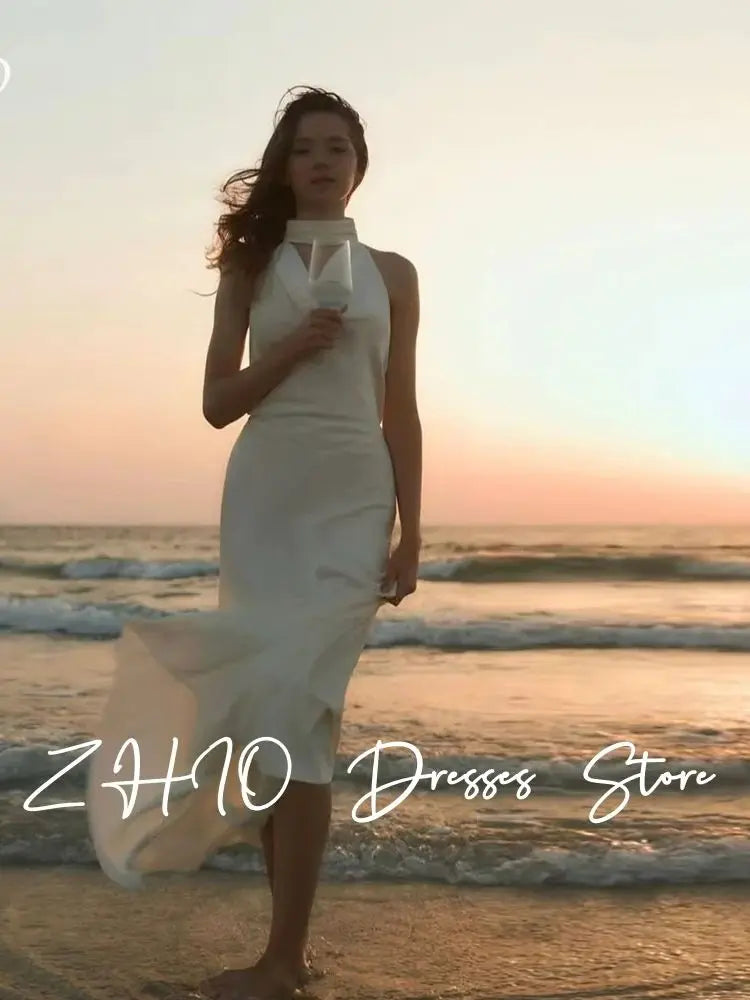 Backless Pearl Halter Ivory Satin Dress