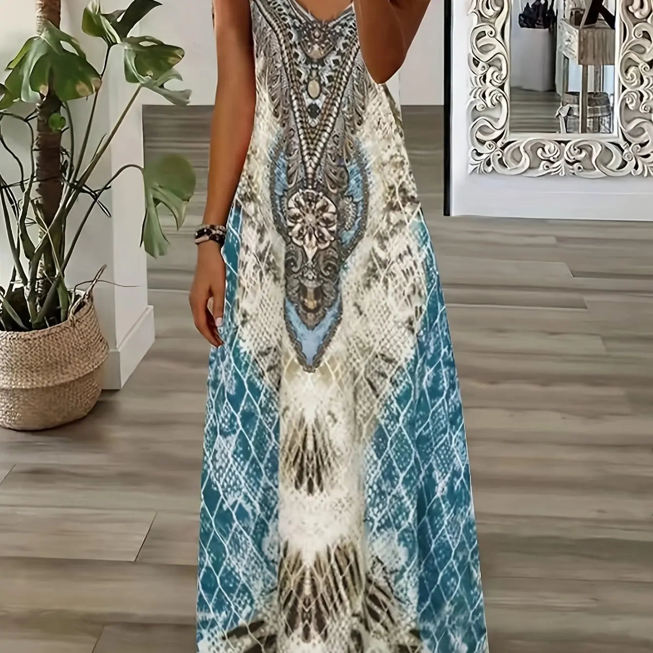 Blue Tribal Pattern Print Beach Vacation Casual Suspender Dress Fashionable Casual Sleeveless Loose Suspender Ankle Length Dress