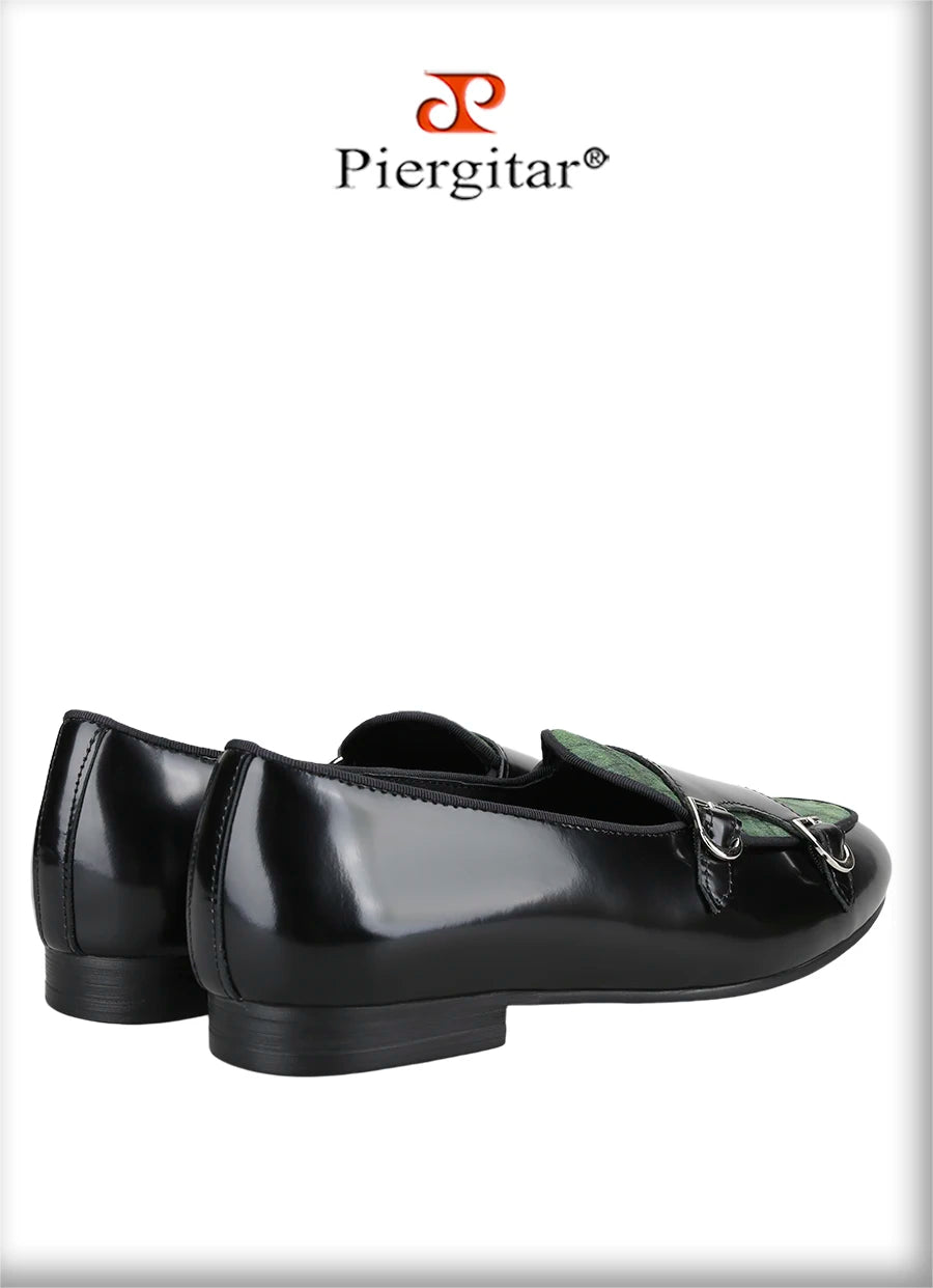 Piergitar Black Polished Leather Patchwork Green Crocodile Suede Men's Monk Shoes Handmade Slip-On Loafers For Wedding And Party