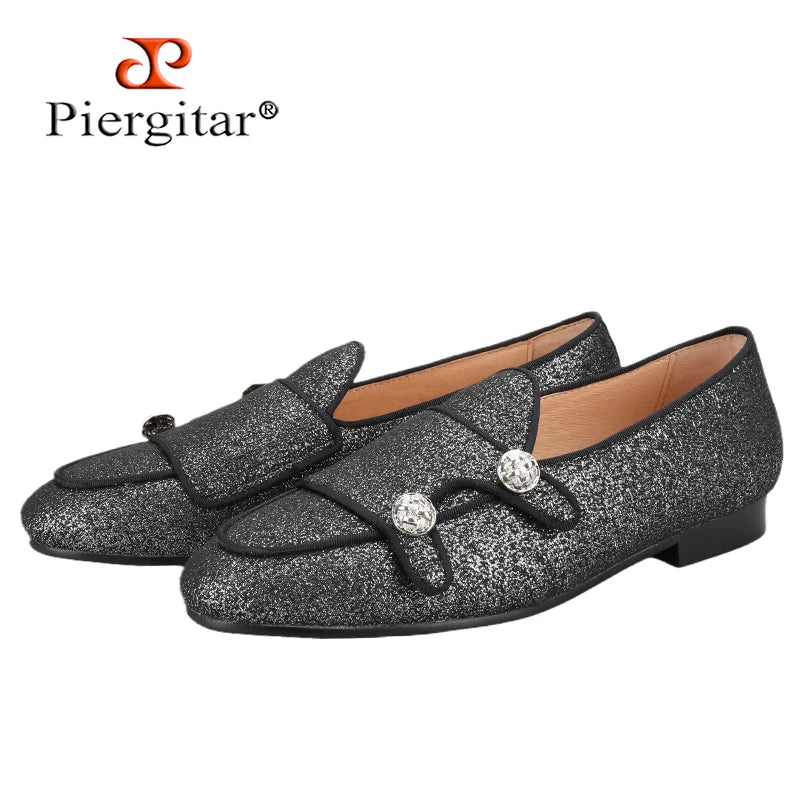Piergitar Three Colors Shiny Cotton Fabrics Men's Loafers With Gold Buttons Handmade Monk Shoes For Party And Wedding Plus Size