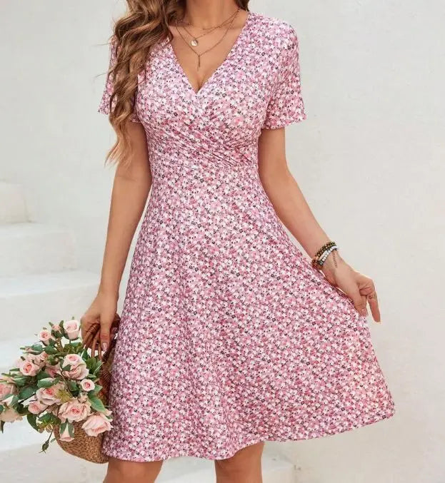 Floral Print Mini Dress Short Sleeve Midi Skirt Women's Fashion Spring Summer V Neck Polyester Fiber Regular Waistline Dress