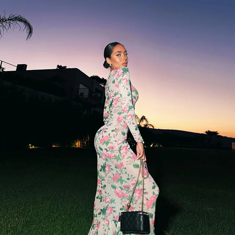 Temperament long sleeve slim long printed dress women's new autumn fashion elegant long dress
