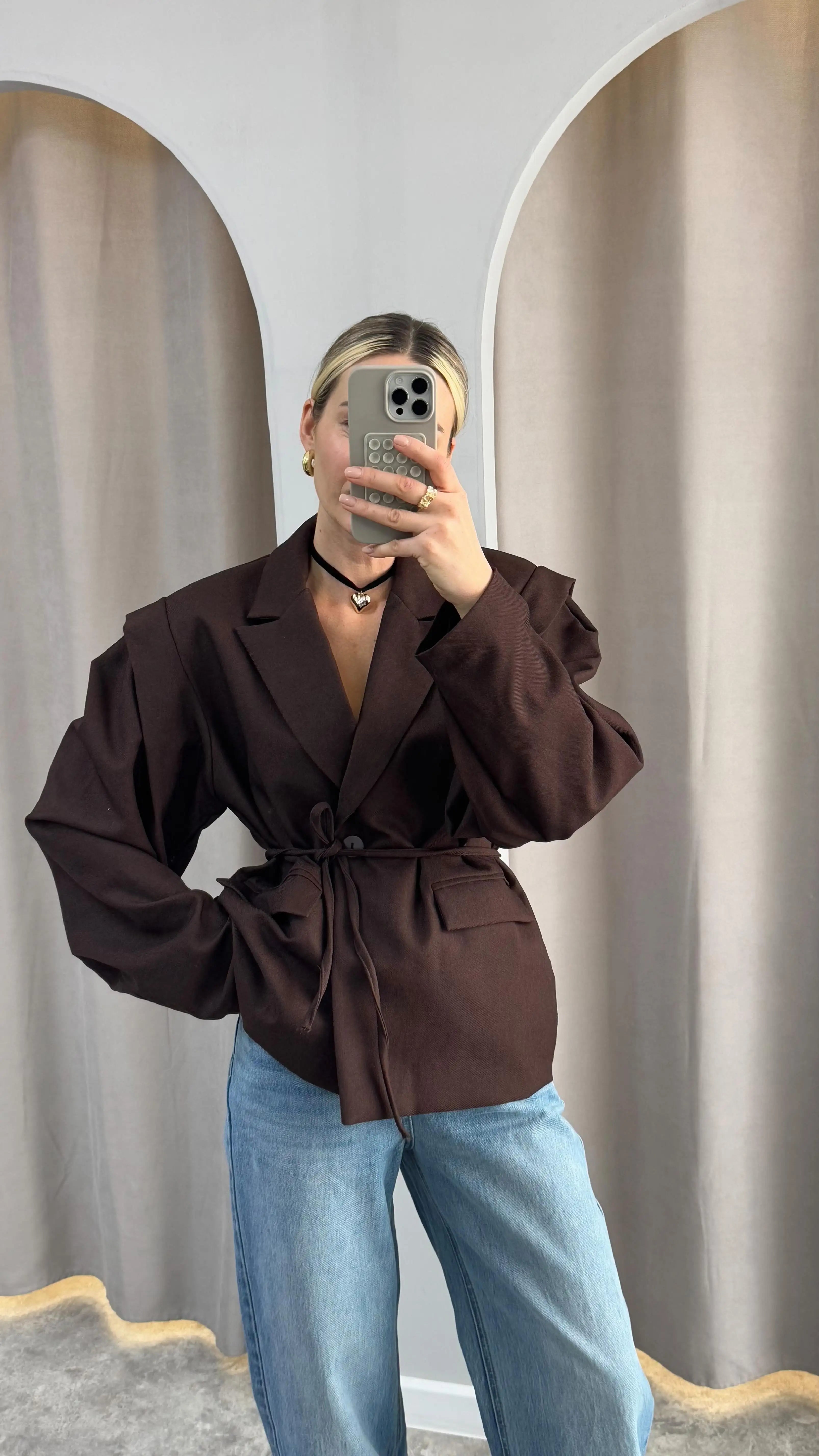 Trendy Lace-up Waist Cinching Blazer Woman Casual V-neck Solid Office Outerwear 2025 Autumn New Commute Long Sleeve Short Coats