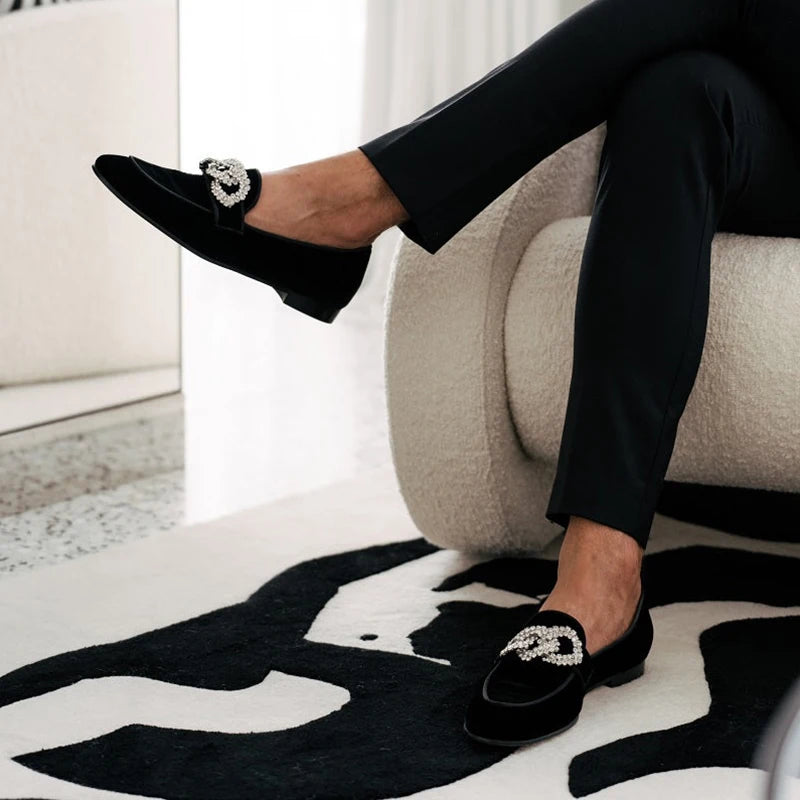 Piergitar Black Velvet Slippers With Matching Gros-grin Piping And Chain-Shaped Allover Crystals Handmade Slip-On Men's Loafers