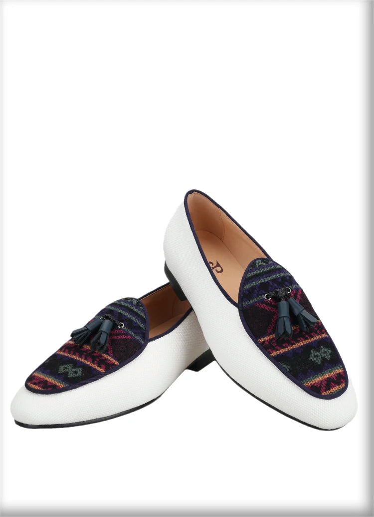 Men's Loafers in Classic Handmade Leather Tassels, Ivory Color Canvas Mix Ethnic Style Cotton