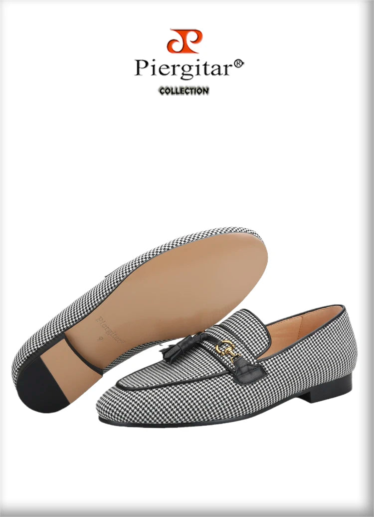 Piergitar 2023 Black And White Wool Houndstooth Slippers With Metal Horsebits Leather Tassels Men's Loafers Handmade Moccasins