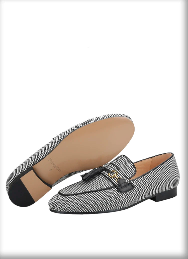 2023 Black And White Houndstooth Wool Slippers with Leather Tassels and Metal Horsebits for Men's Loafers