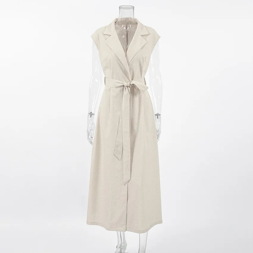 2025 Autumn New Style Commuter Long Skirt For Women Elegant Fashionable Solid Color Lapel Sleeveless High Waist Lace-up Dress