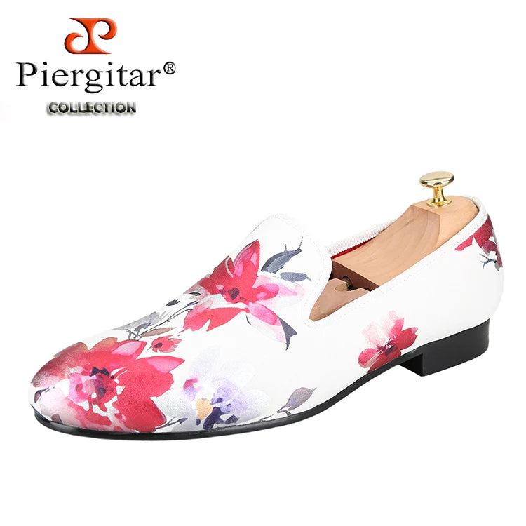 Piergitar White Color Fabric Of China Oil Painting Style Men's Loafers For Fashion Party And Wedding Handmade Slip-On Flats