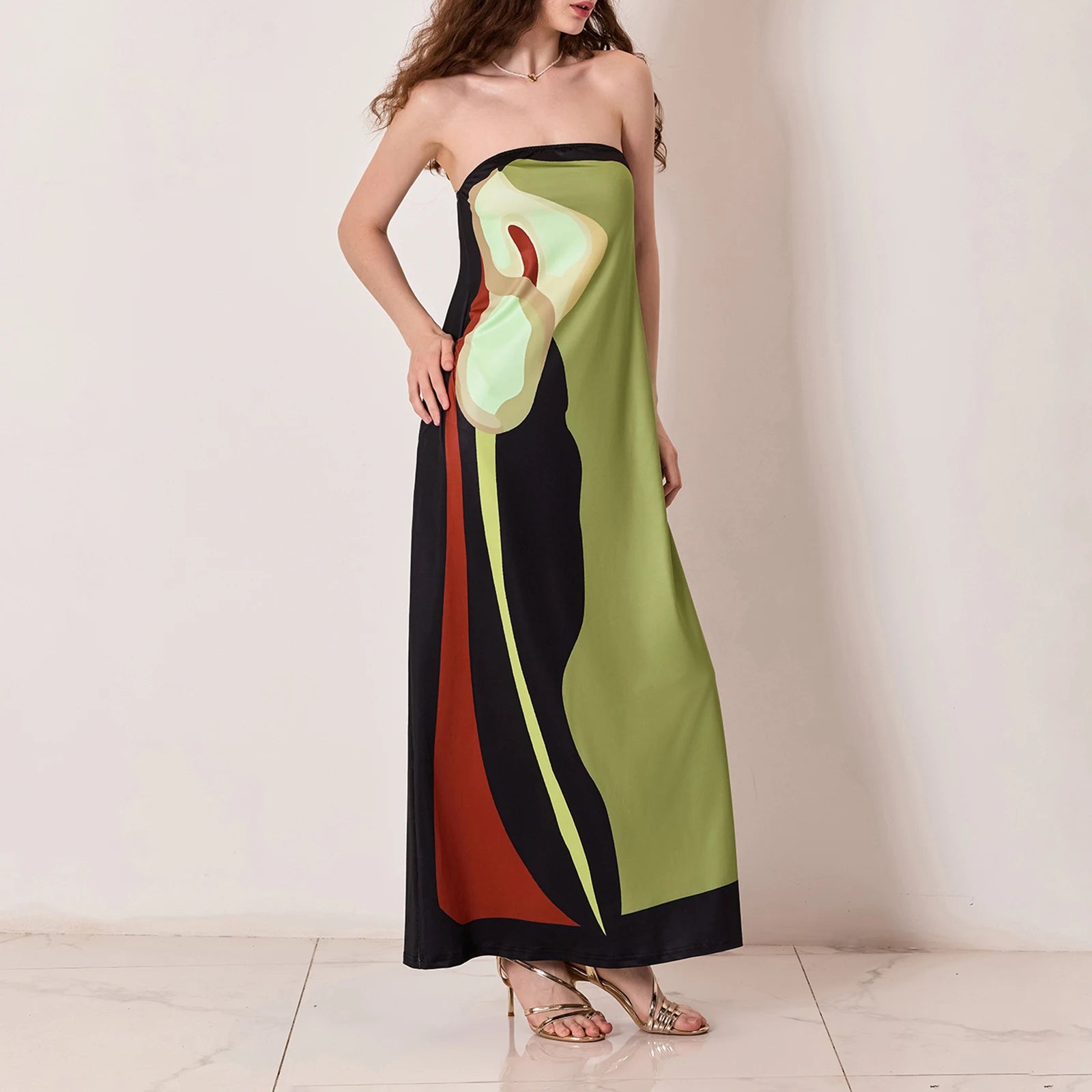 Tube Bodycon Dress Women Elegant Avocado Print Strapless Elegant Maxi Dress Sleeveless Holiday Robes Summer Chic Long Dress