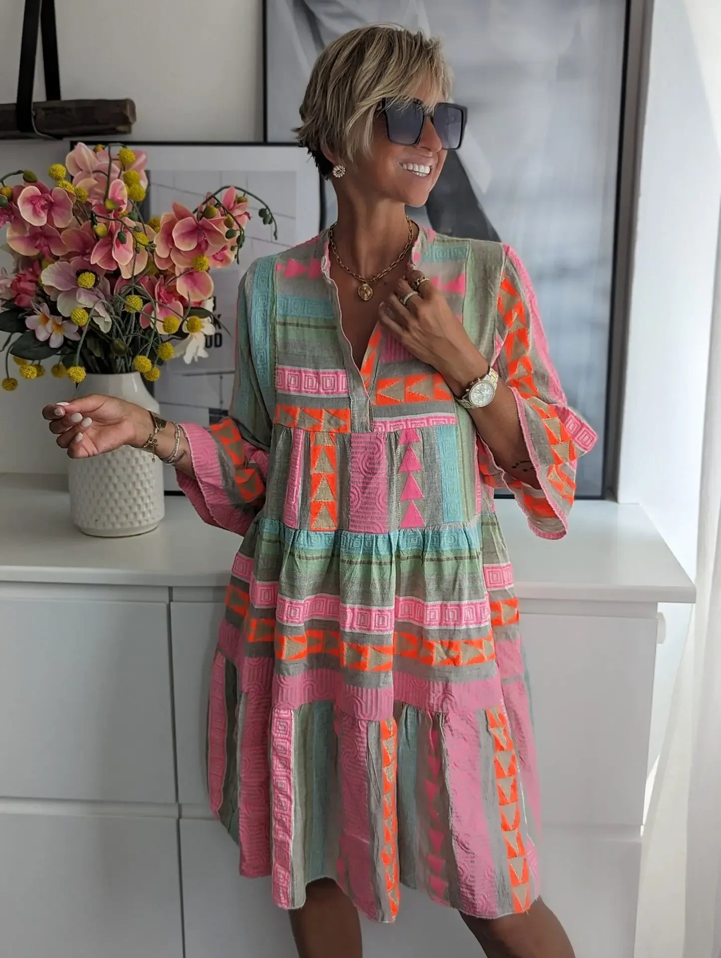 Women V Neck Three Quarter Sleeve Pullover Dress