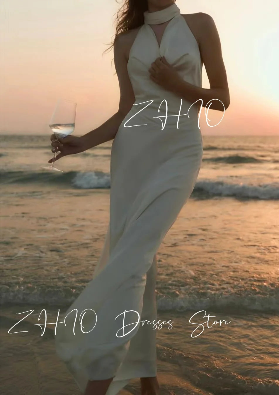 Backless Pearl Halter Ivory Satin Dress