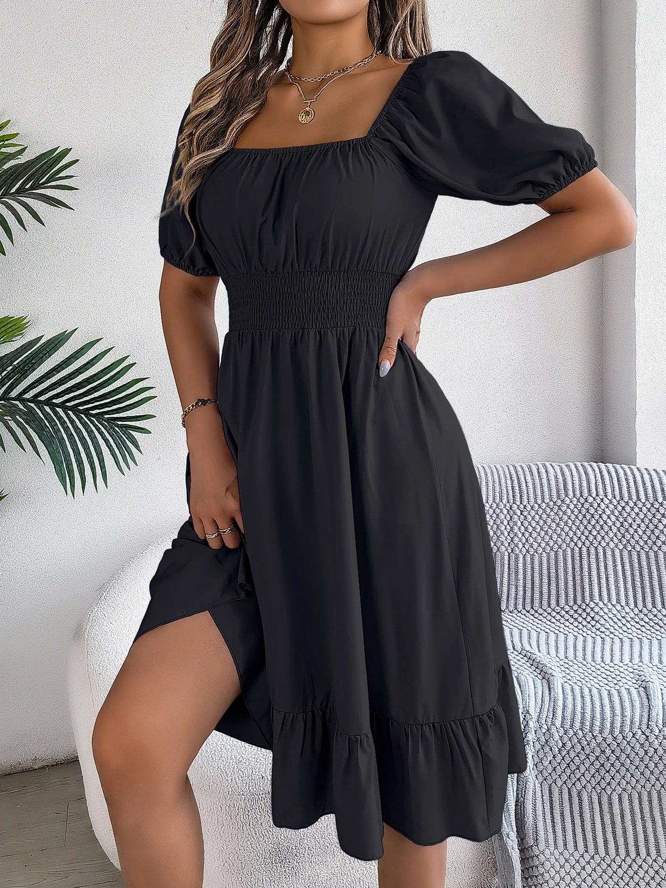 2024 New Fashion Solid Puff Sleeve Square Neck Ruched Bust Ruffle Hem Wasit Dress, Women's Clothing