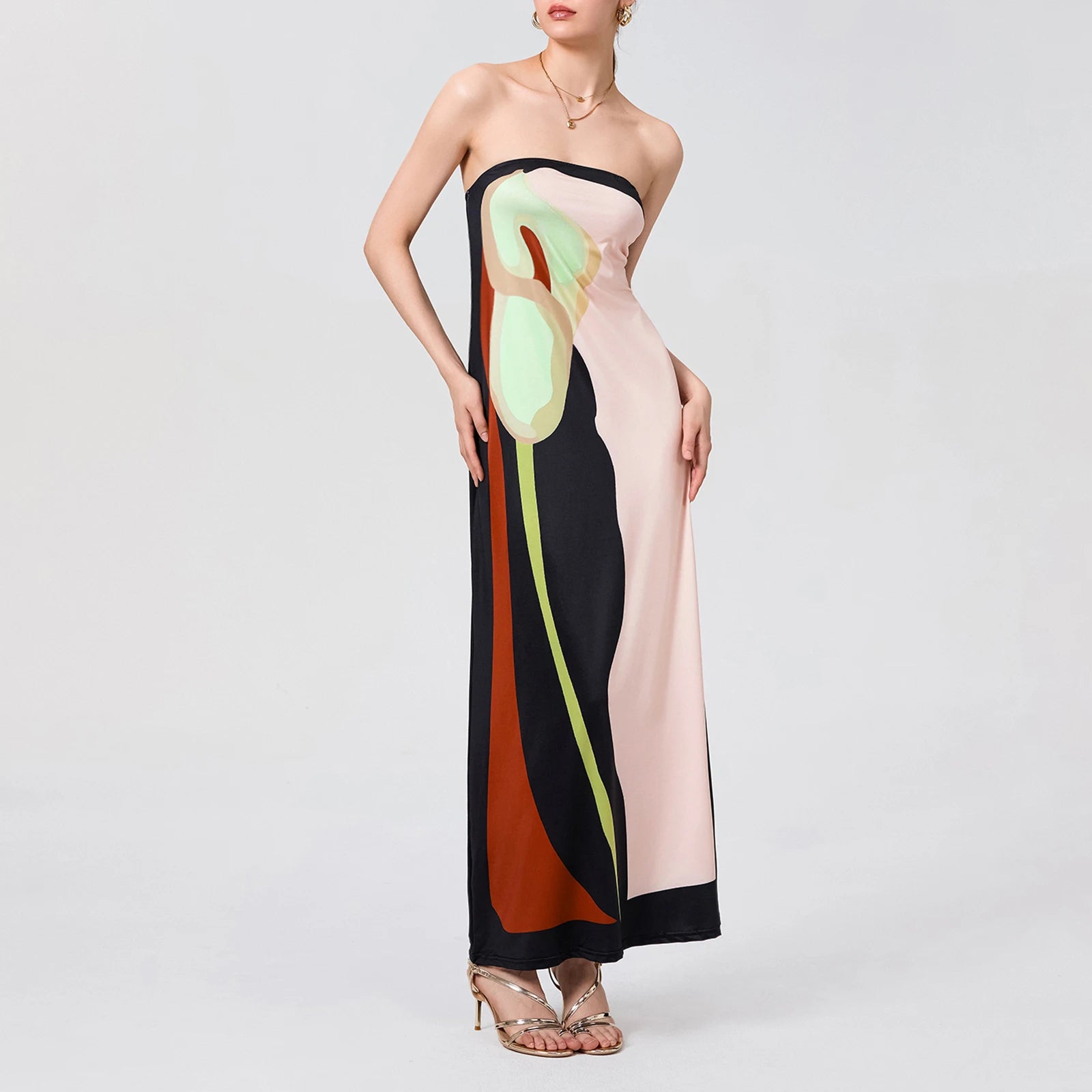 Tube Bodycon Dress Women Elegant Avocado Print Strapless Elegant Maxi Dress Sleeveless Holiday Robes Summer Chic Long Dress