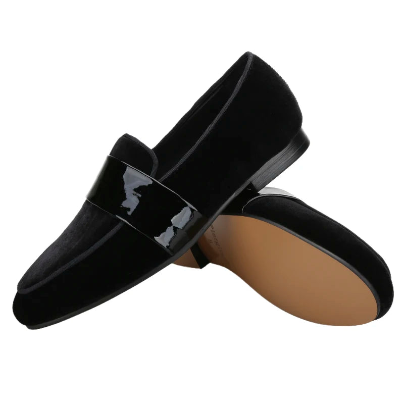 Classic Black Velvet Slip-On Men Shoes with Patent Leather Cross Strap Loafers for Fashion Party Wear