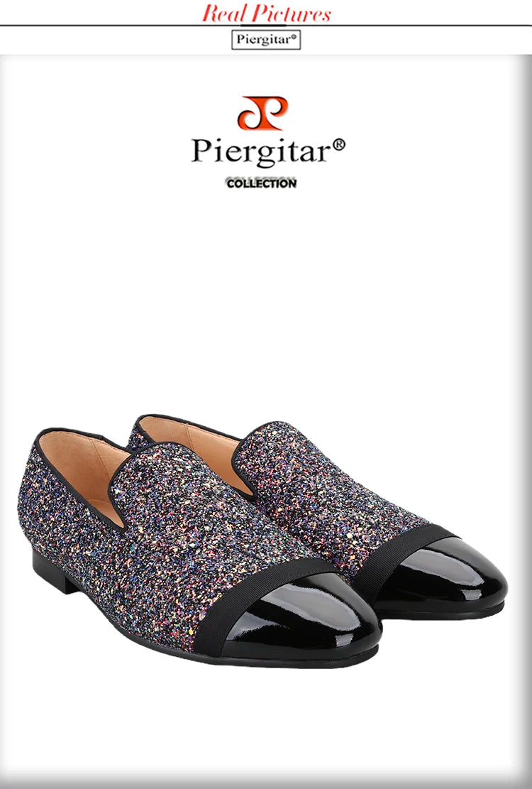 Piergitar Flash Purple Sequined Canvas Slippers With Patent Leather Toes Handmade Men Moccasins For Party And Wedding Plus Size