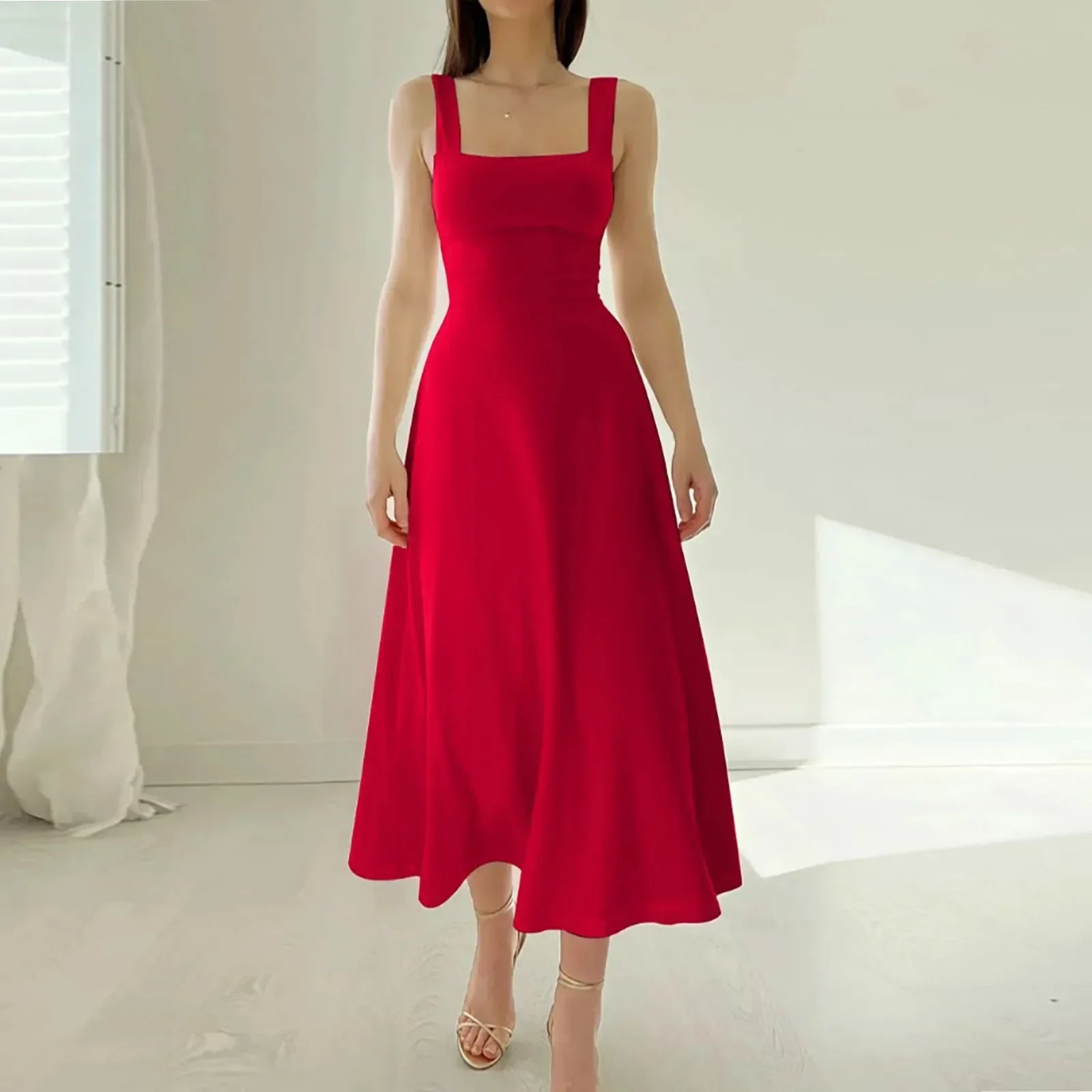 Women's Sleeveless Square Neck Back Lace Dress
