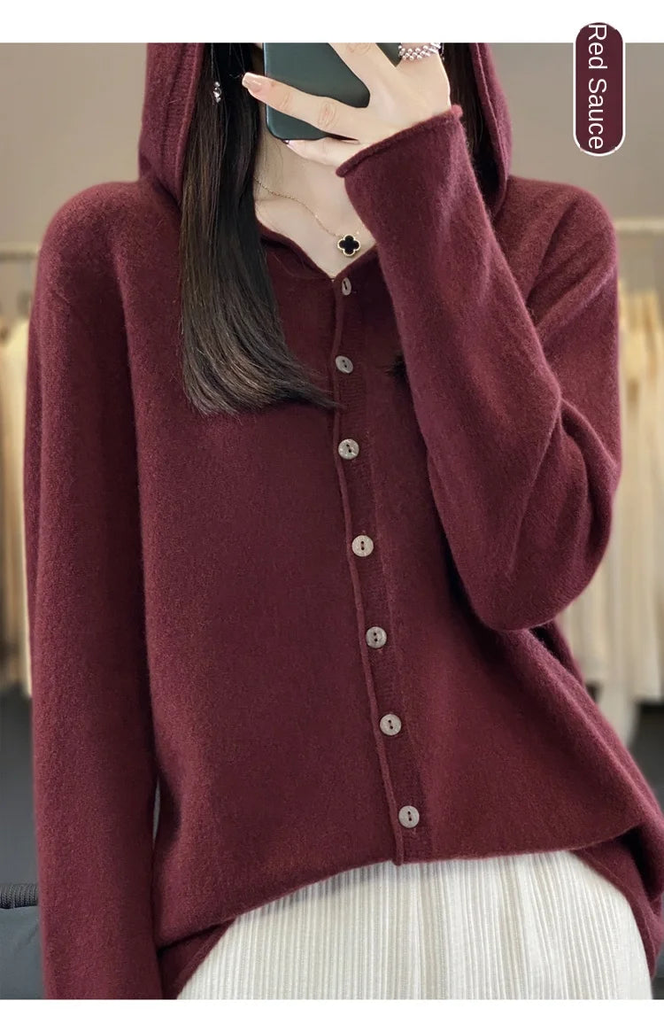 First Line 100% Merino Wool Knitted Cardigan Women's Autumn And Winter Hoodie Loose Sweater Fashionable Versatile Coat Top YC014