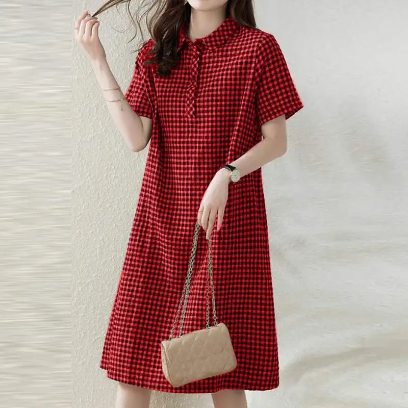 ZANZEA Women Plaid Long Shirt Dress 2024 Summer Short Sleeve Midi Dress Fashion Office Lapel Neck Robe Casual Loose Lady Vestido