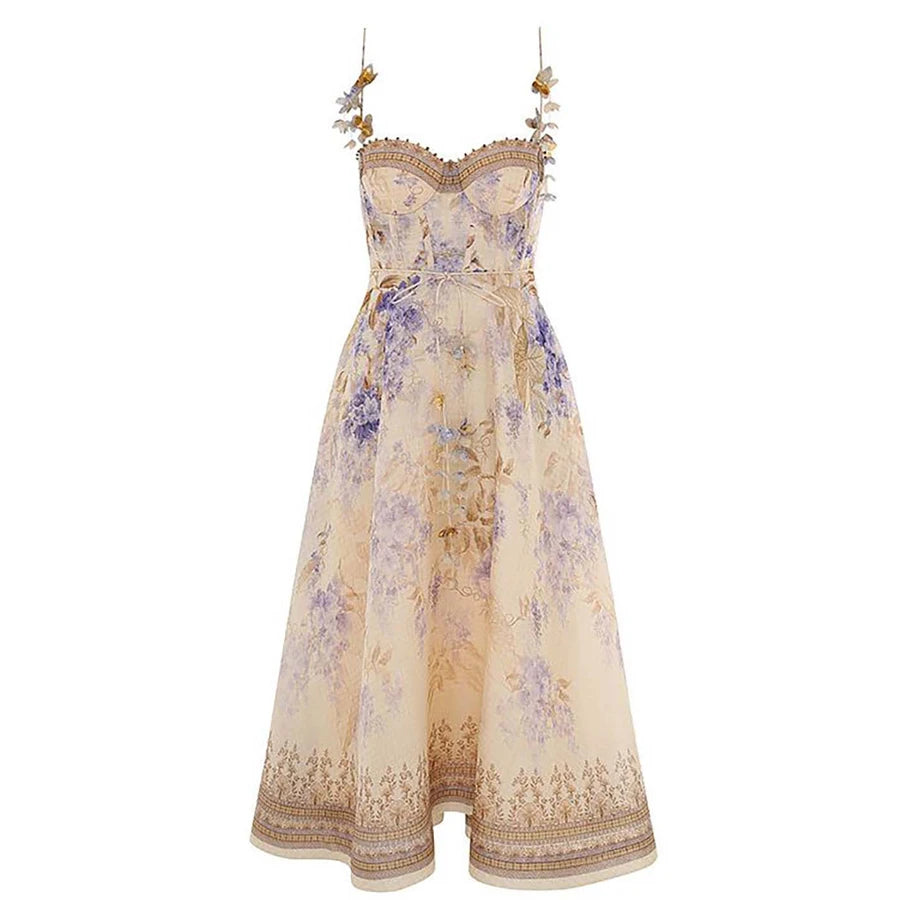 2025 New French High Quality Luxury Chic Dress Appliques Floral Print Spring Summer Strapless Women Holiday Spaghetti Midi Dress