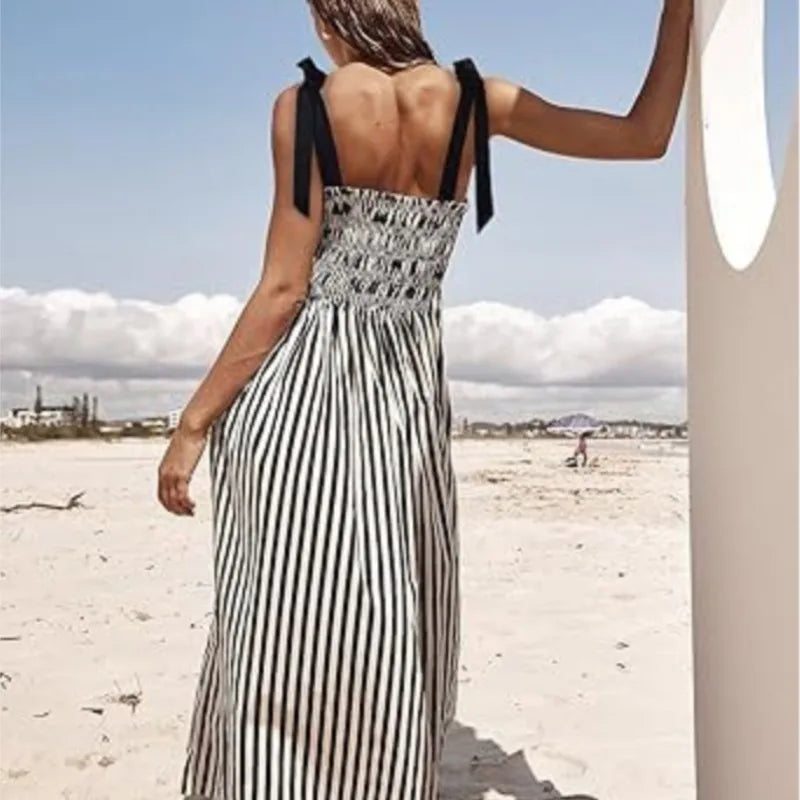 2025 Women's Summer Style Striped Rubber Elastic Sexy Big Swing Bag Suspender Dress Club Clothing Vestidos