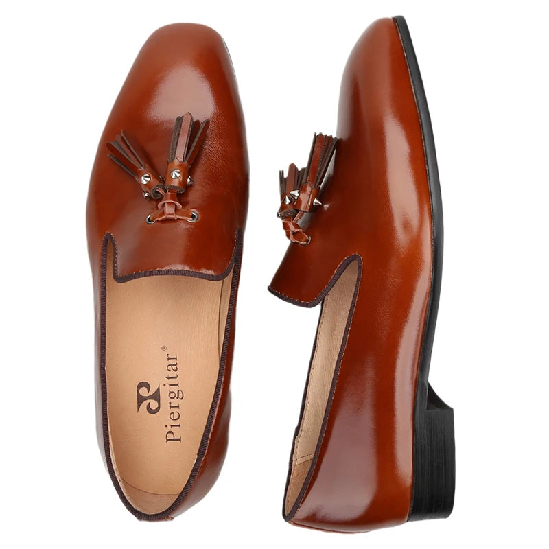 Piergitar Patinated Calf Leather Iconic Dandelion Loafers With Tassels Featuring Metal Spikes CL Brand Same Model Men Moccasins