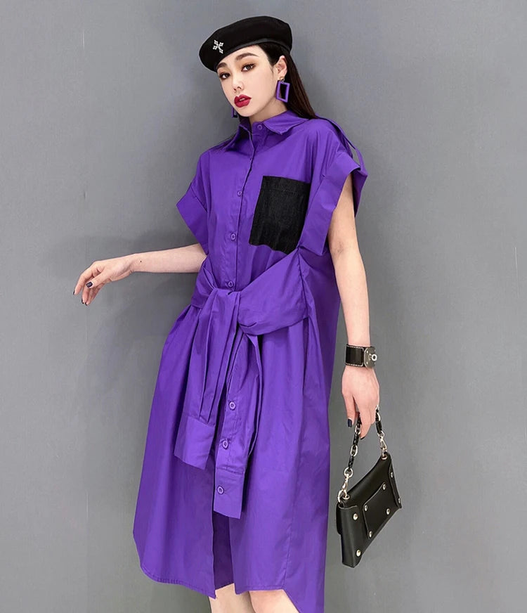 Extra Sleeves Decorated New 2025 Summer Korean Style Woman Purple Shirt Dress Loose Fit Chic Unique Big Size Casual Robe JKXD005