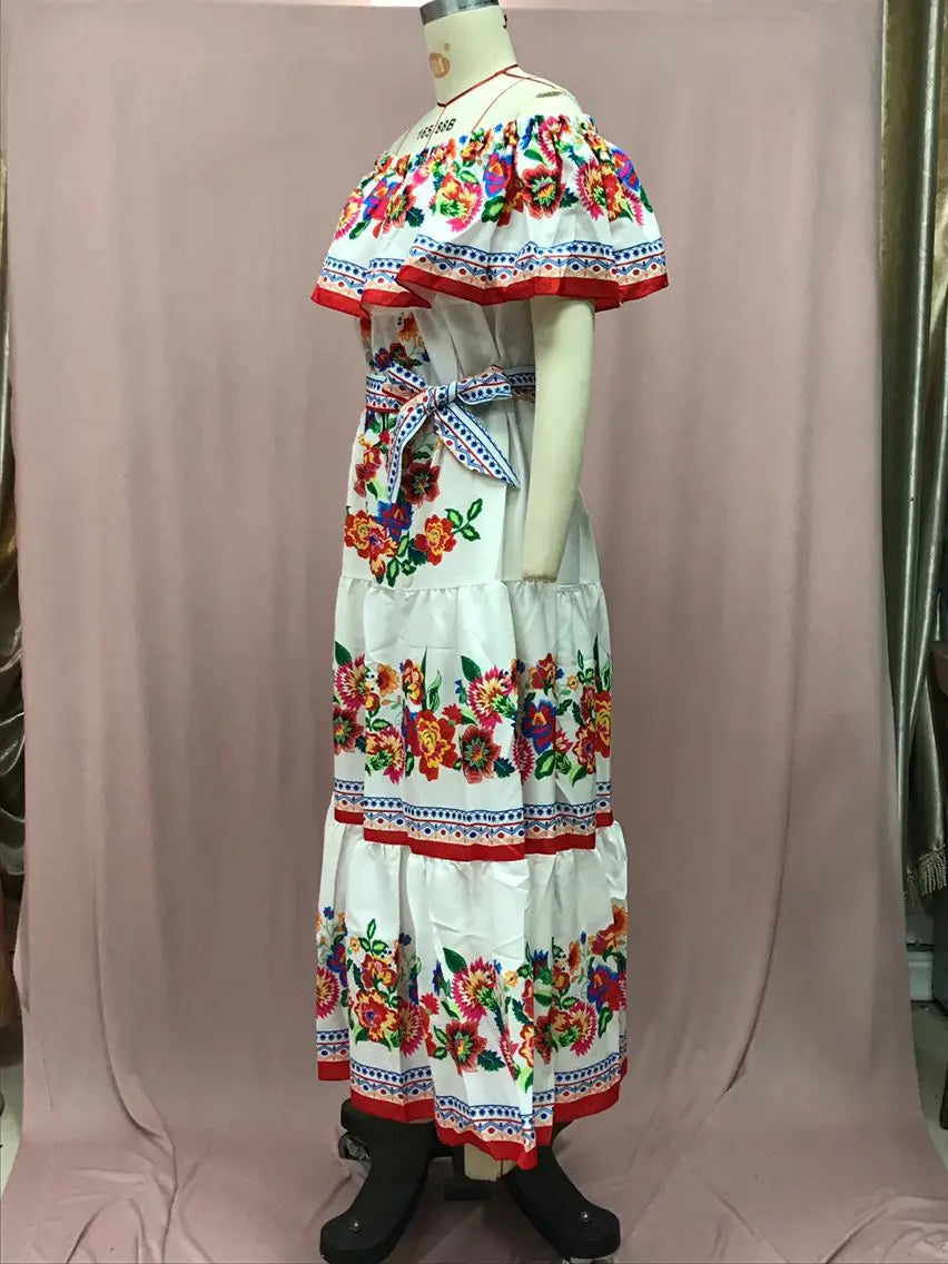 2024 Spring/Summer New Women Retro Fashion One Shoulder Red Flower Printed Waist Collection Long Style Large Swing Casual Dress