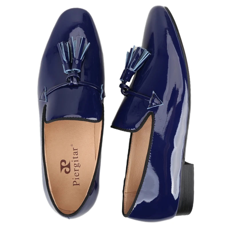 2024 New Model Royal Blue & Black Patent Leather Mens Tassels Shoe for Fashion Party Handmade Slip On Loafers
