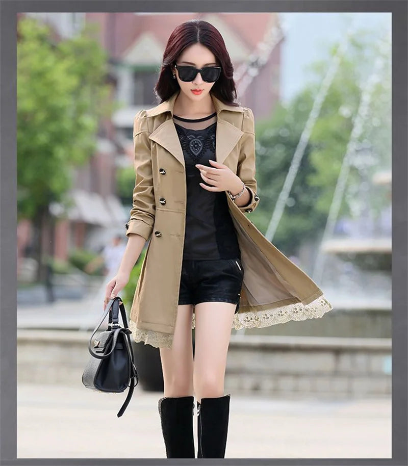 2025Spring Autumn New Windbreaker Coat Women Fashion Slim Mid Long Lace Trench Coat Female Casual Double-breasted Outerwear Tops