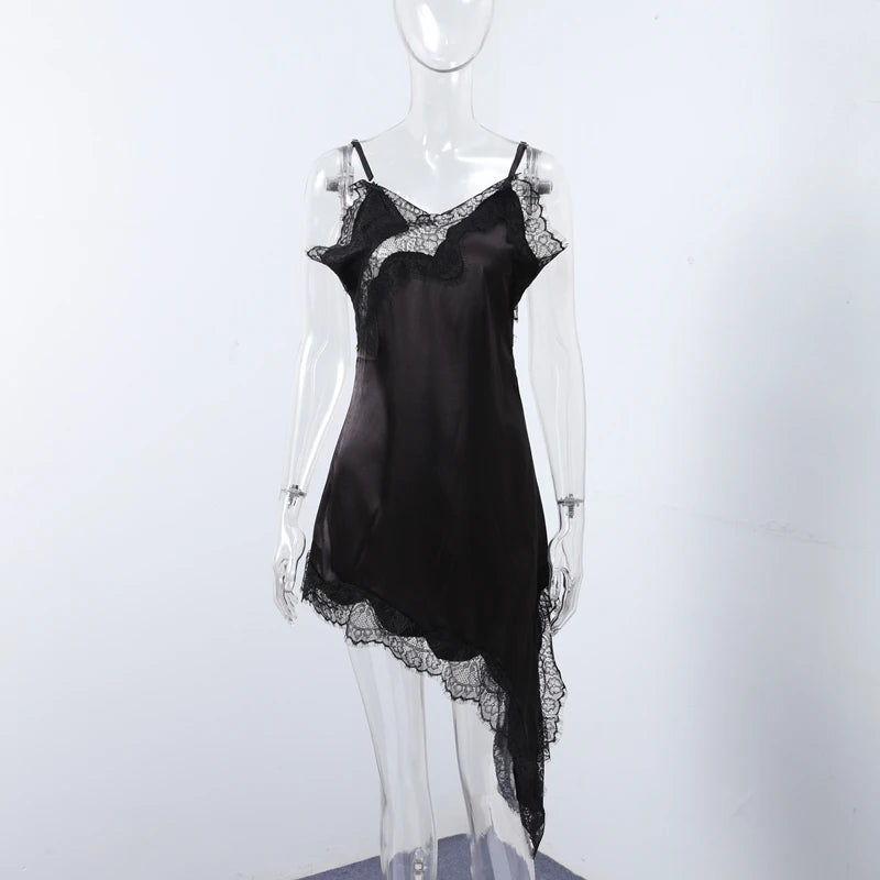 Sexy Sling Dress Women V Neck Hollow Out Backless Patchwork Lace