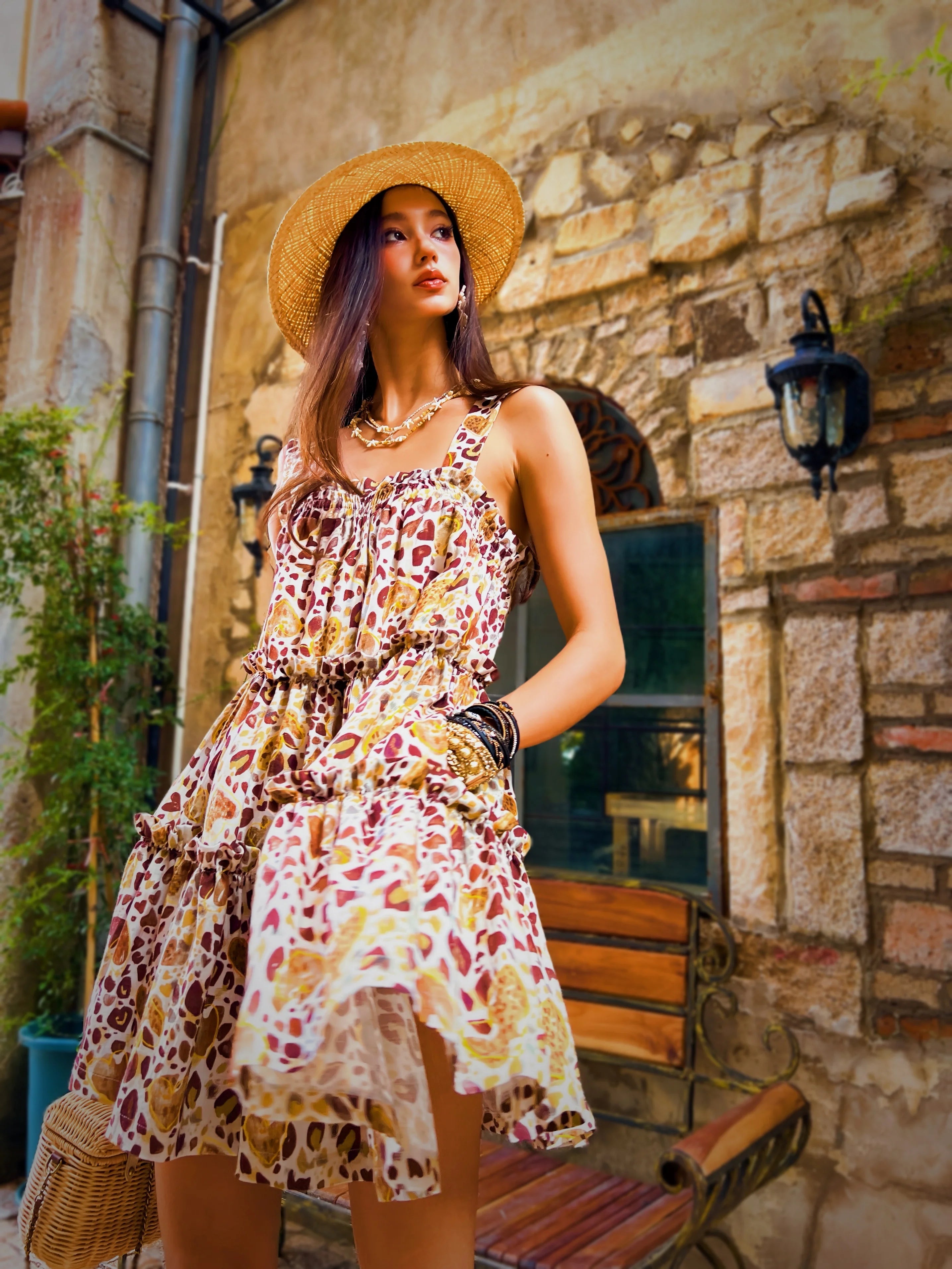 Summer Print Spaghetti Strap Dress Women's Dress Backless Long Camisole Dress Knee-Length Skirt Y2K 2025 New DABUWAWA DM2BDR002