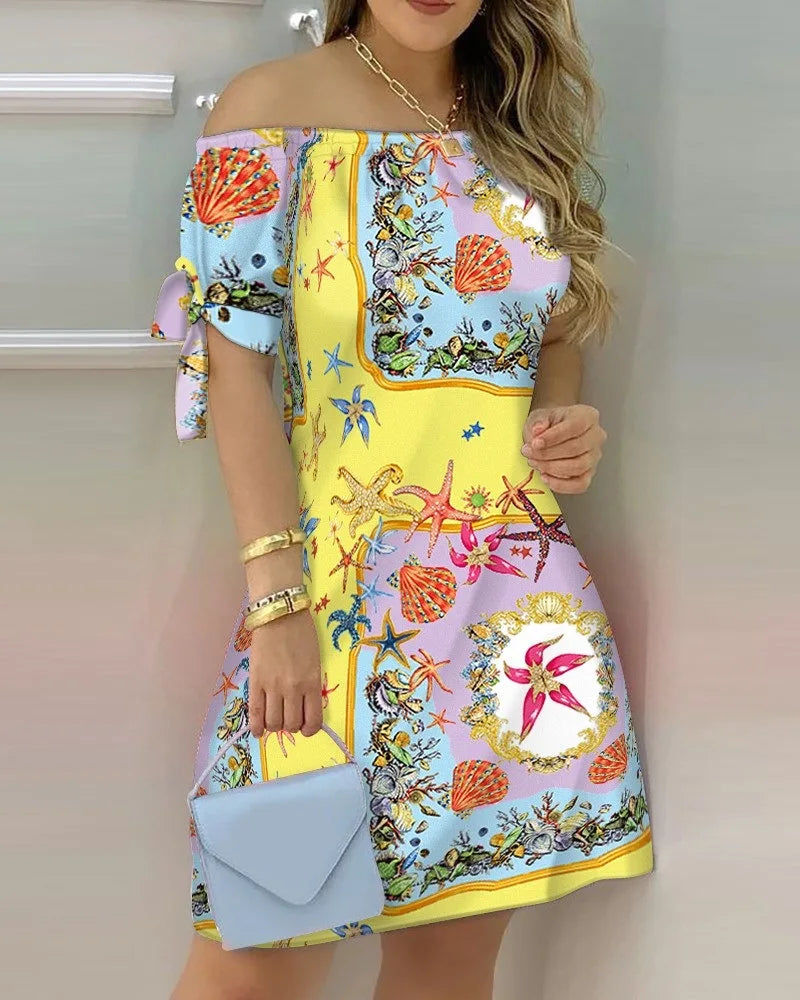 3XL Women's Casual Gradient Off Shoulder Short Sleeve Dress Bow Print Mini Dress