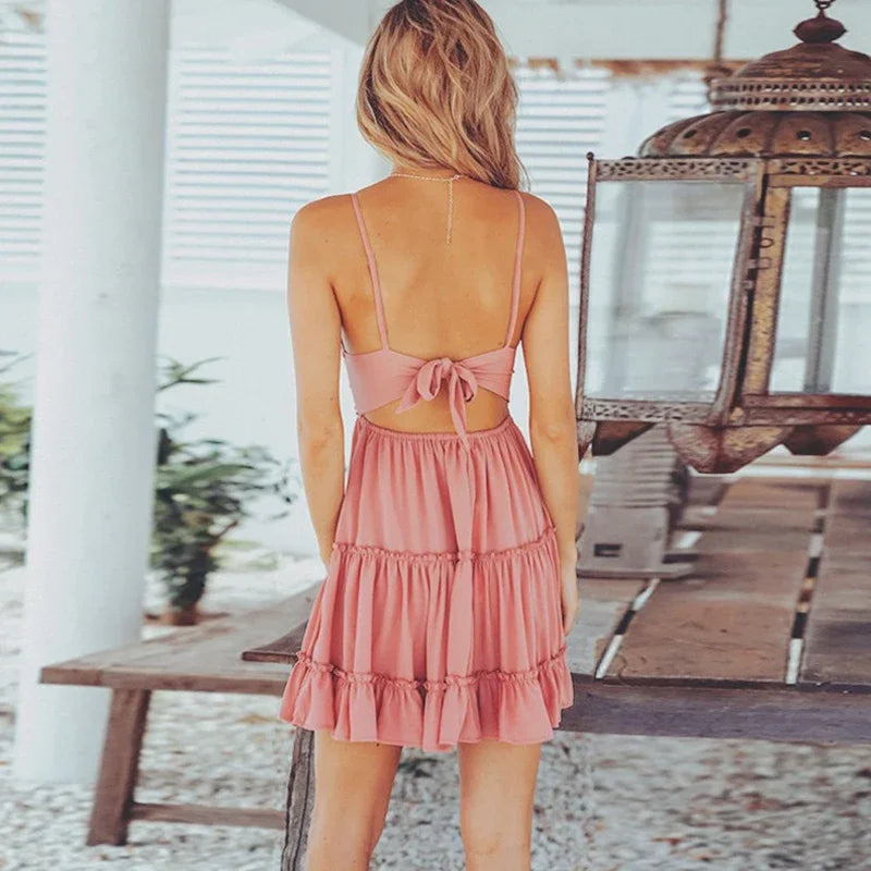 Deep Neck Backless A-Line Summer Embroidery Laces Mini Dresses Woman White pink Spaghetti Strap Beach Wear