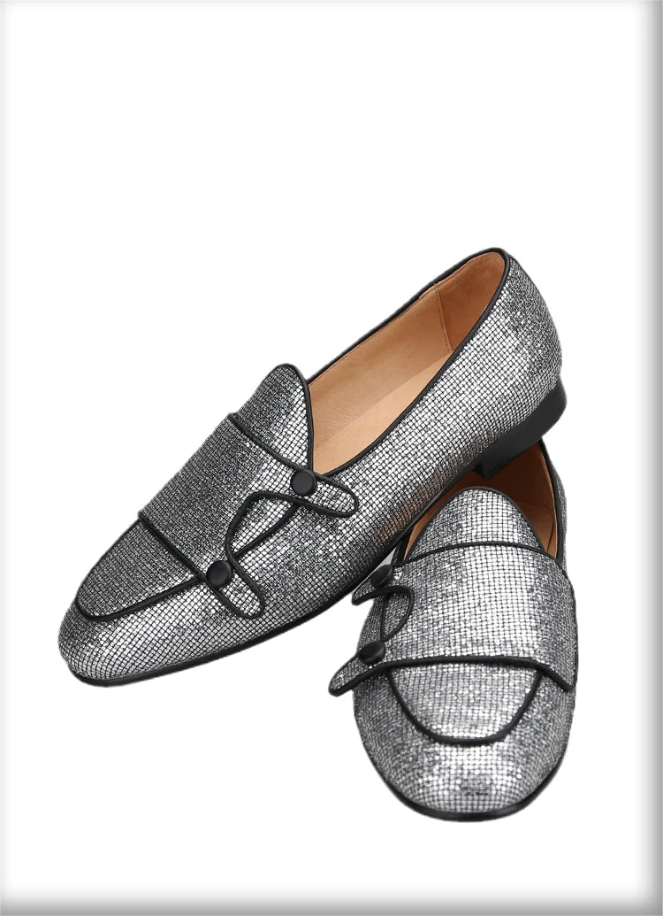 The New Style Square Glittering Silver Belgian Loafers with Double-Monk Moccs Handmade in GuangZhou
