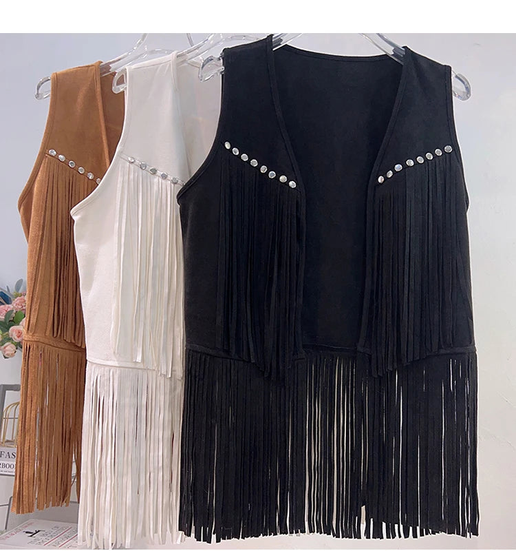Retro Western Cowboy Style Soft Suede Tassel Vest Spring Autumn Sleeveless Cardigan Women Casual Waistcoat Sweetwear